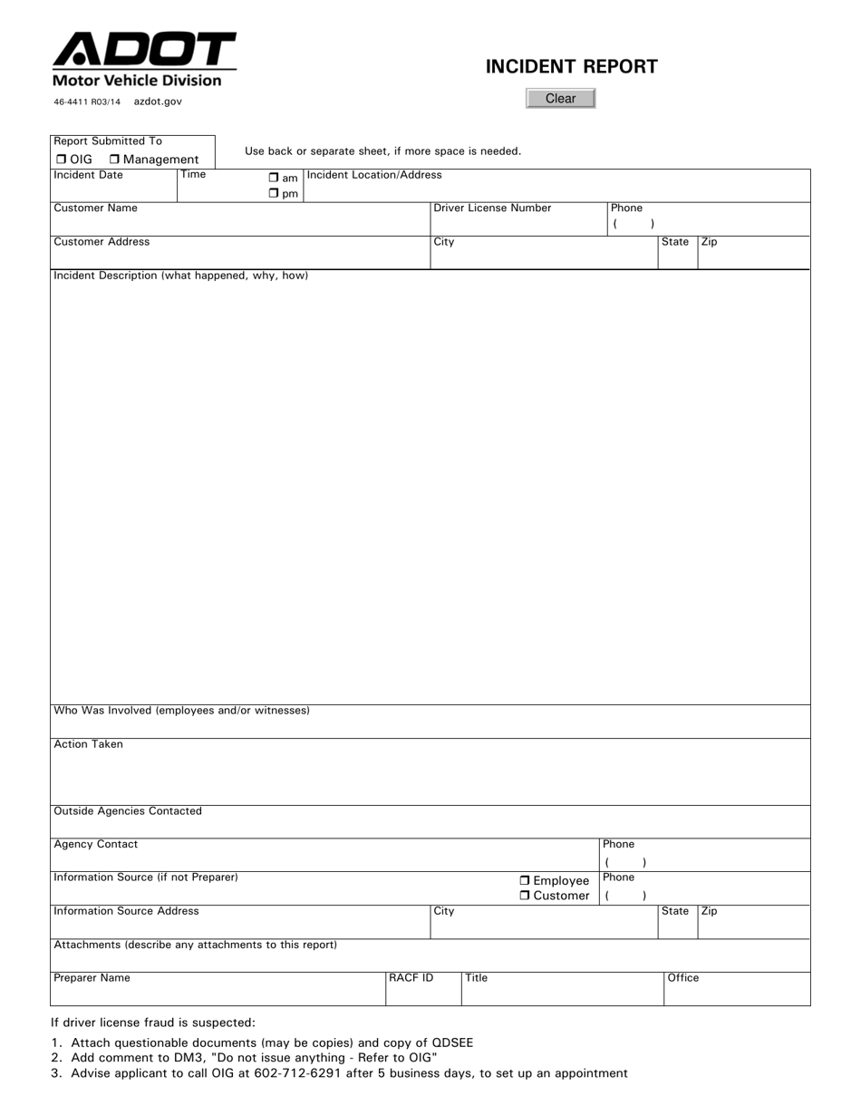 Form 46-4411 Incident Report - Arizona, Page 1