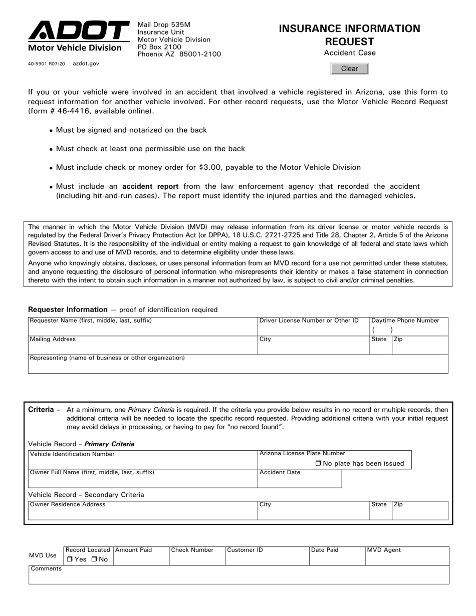 Form 40-5901 Insurance Information Request - Accident Case - Arizona, Page 1