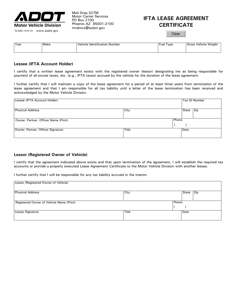 Form 70-0901 Ifta Lease Agreement Certificate - Arizona, Page 1