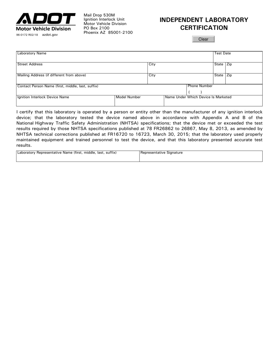 Form 96-0172 Independent Laboratory Certification - Arizona, Page 1