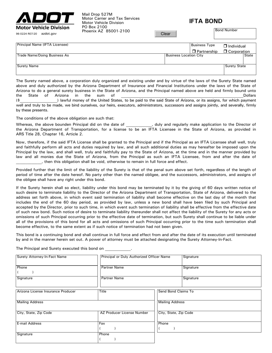 Form 96-0224 Ifta Bond - Arizona, Page 1