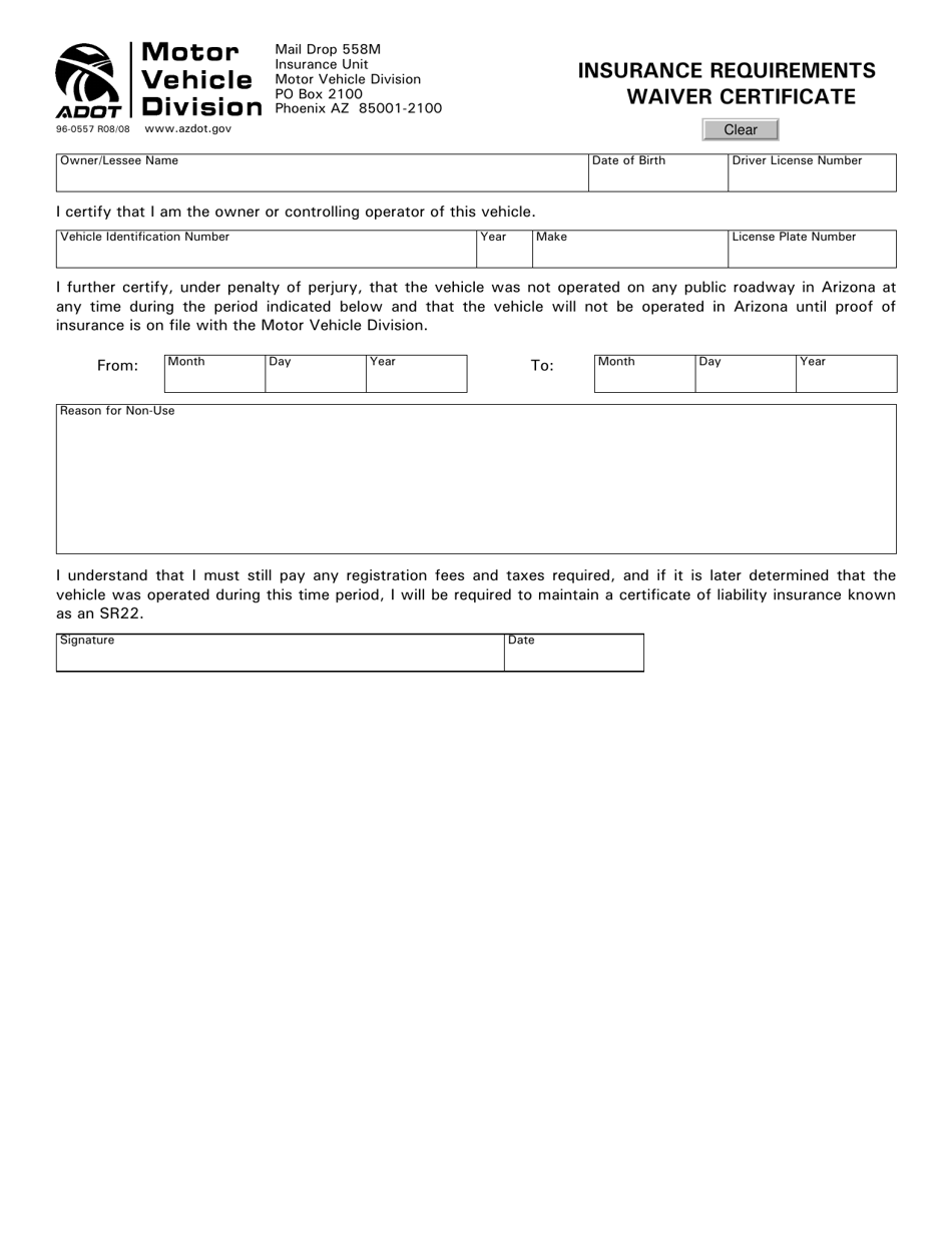 Form 96-0557 Insurance Requirements Waiver Certificate - Arizona, Page 1