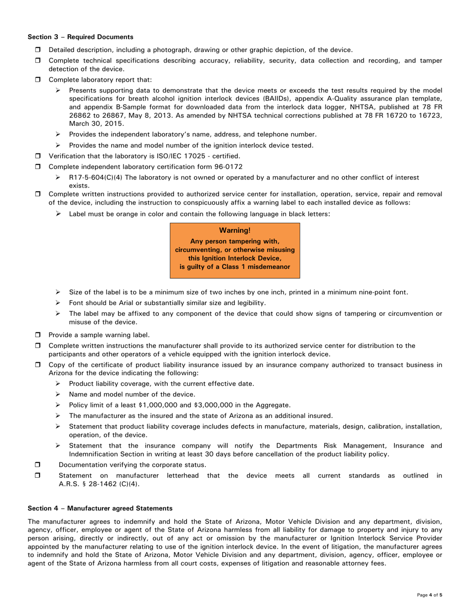 Form 96-0171 Ignition Interlock Manufacturer Application - Arizona, Page 4