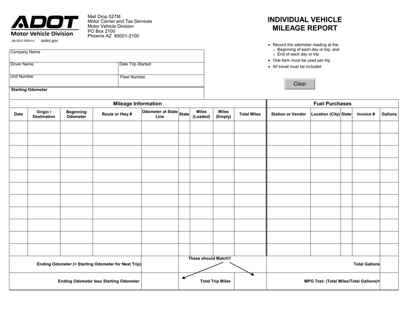 Form 96-0531 Individual Vehicle Mileage Report - Arizona