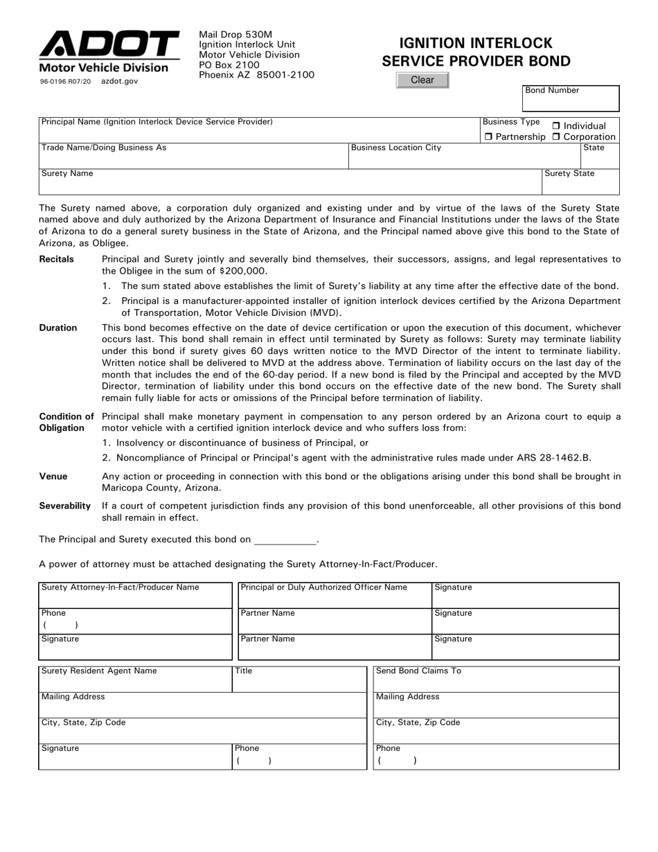 Form 96-0196 Ignition Interlock Service Provider Bond - Arizona, Page 1