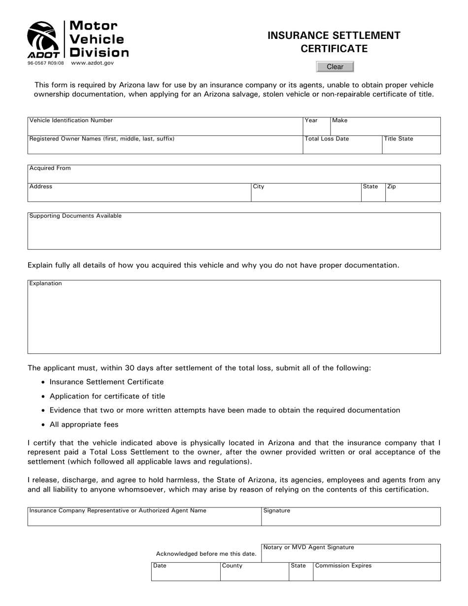 Form 96-0567 Insurance Settlement Certificate - Arizona, Page 1