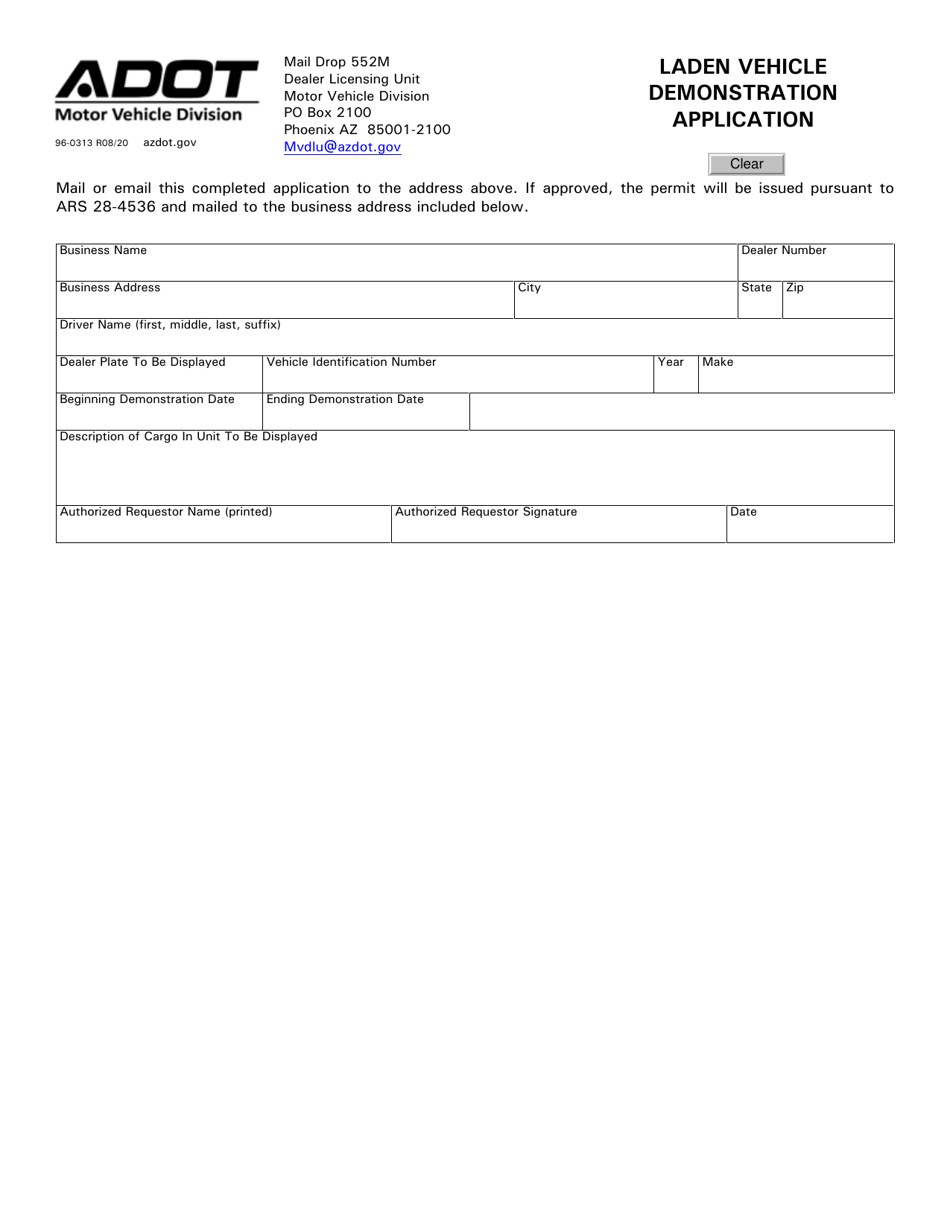 Form 96-0313 Laden Vehicle Demonstration Application - Arizona, Page 1