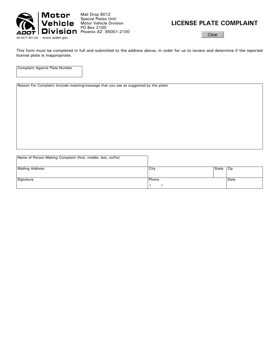 Form 96-0577 License Plate Complaint - Arizona, Page 1