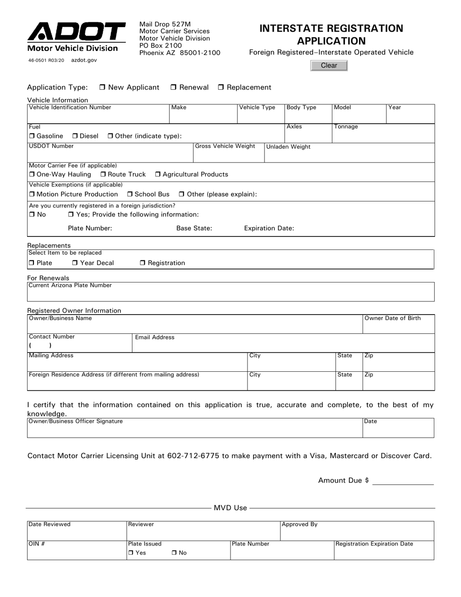 Form 46-0501 Interstate Registration Application - Arizona, Page 1