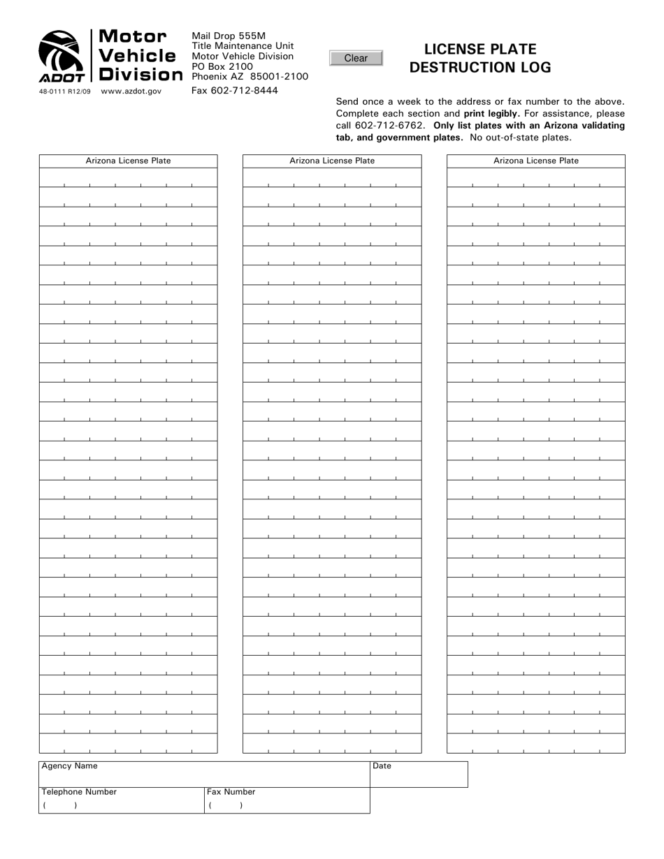 Form 48-0111 License Plate Destruction Log - Arizona, Page 1