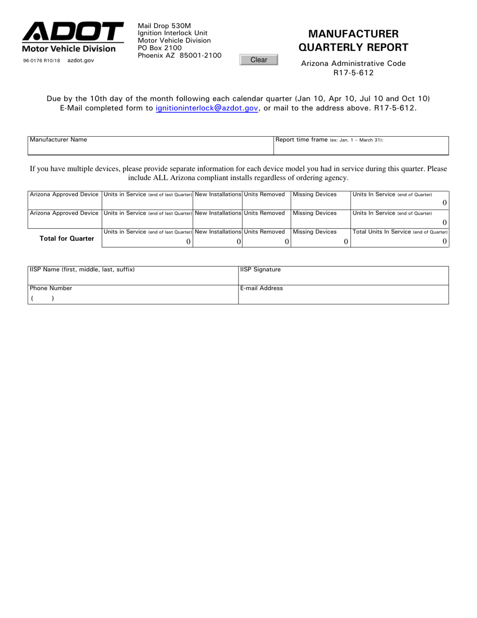 Form 96-0176 Manufacturer Quarterly Report - Arizona, Page 1