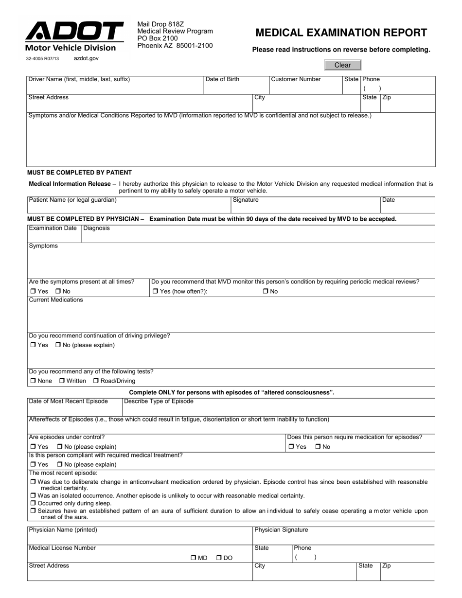 Form 32-4005 Medical Examination Report - Arizona, Page 1