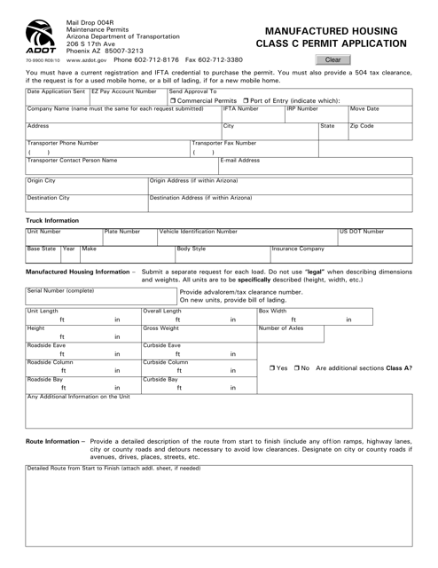 Form 70-9900 Manufactured Housing Class C Permit Application - Arizona