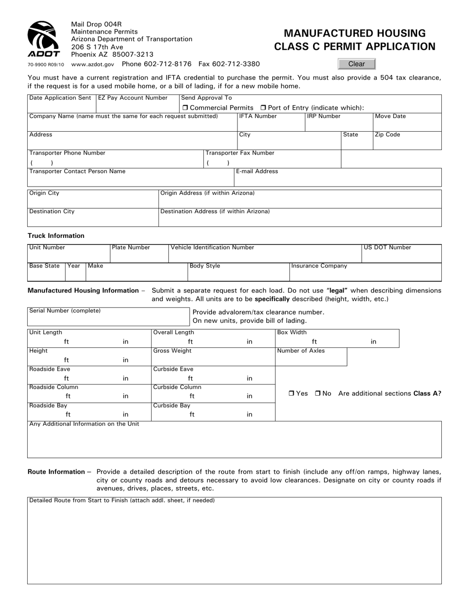 Form 70-9900 Manufactured Housing Class C Permit Application - Arizona, Page 1