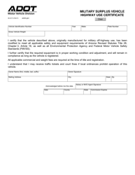 Document preview: Form 96-0371A Military Surplus Vehicle Highway Use Certificate - Arizona