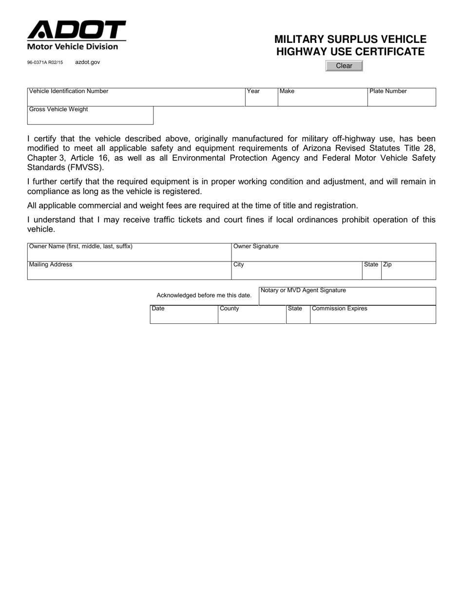 Form 96-0371A Military Surplus Vehicle Highway Use Certificate - Arizona, Page 1