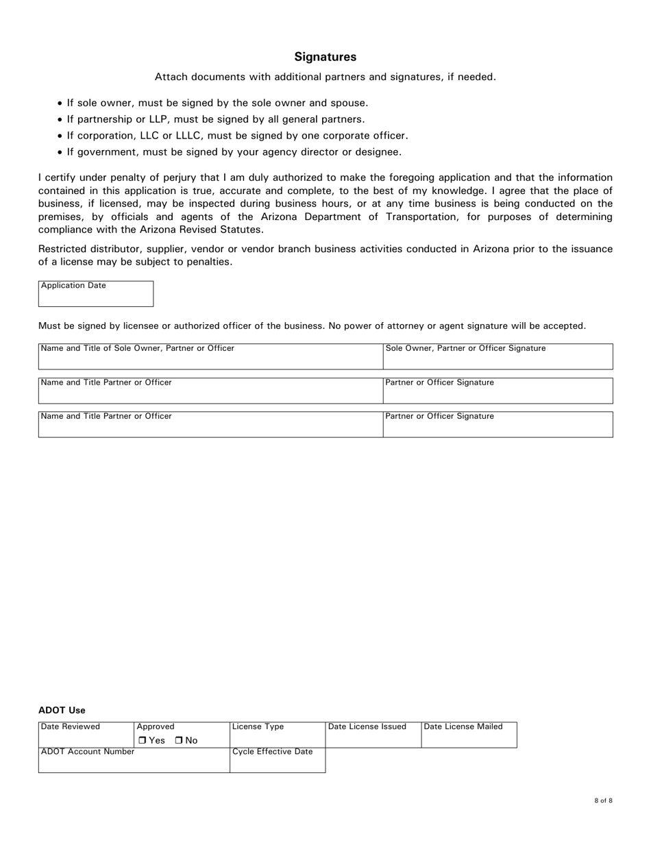 Form 96-0609B Motor Fuel Restricted Distributor Application - Arizona, Page 8