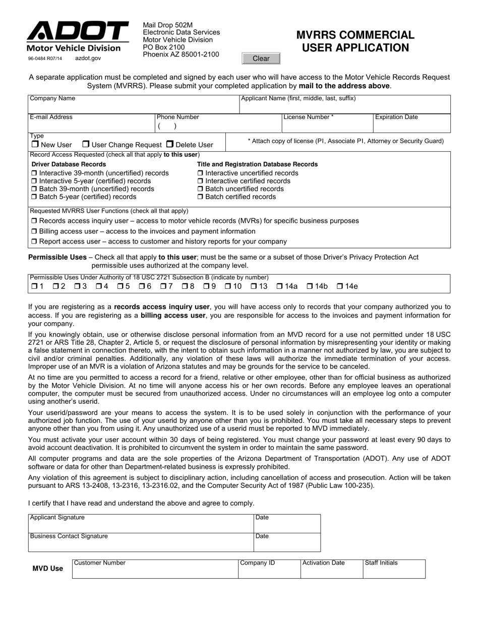 Form 96-0484 Mvrrs Commercial User Application - Arizona, Page 1