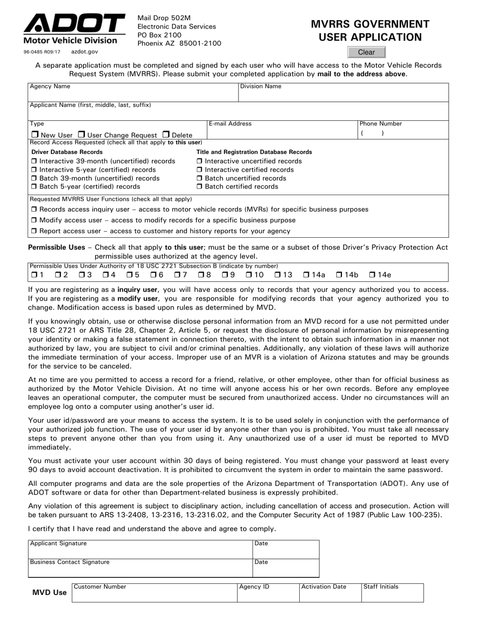 Form 96-0485 Mvrs Government User Application - Arizona, Page 1