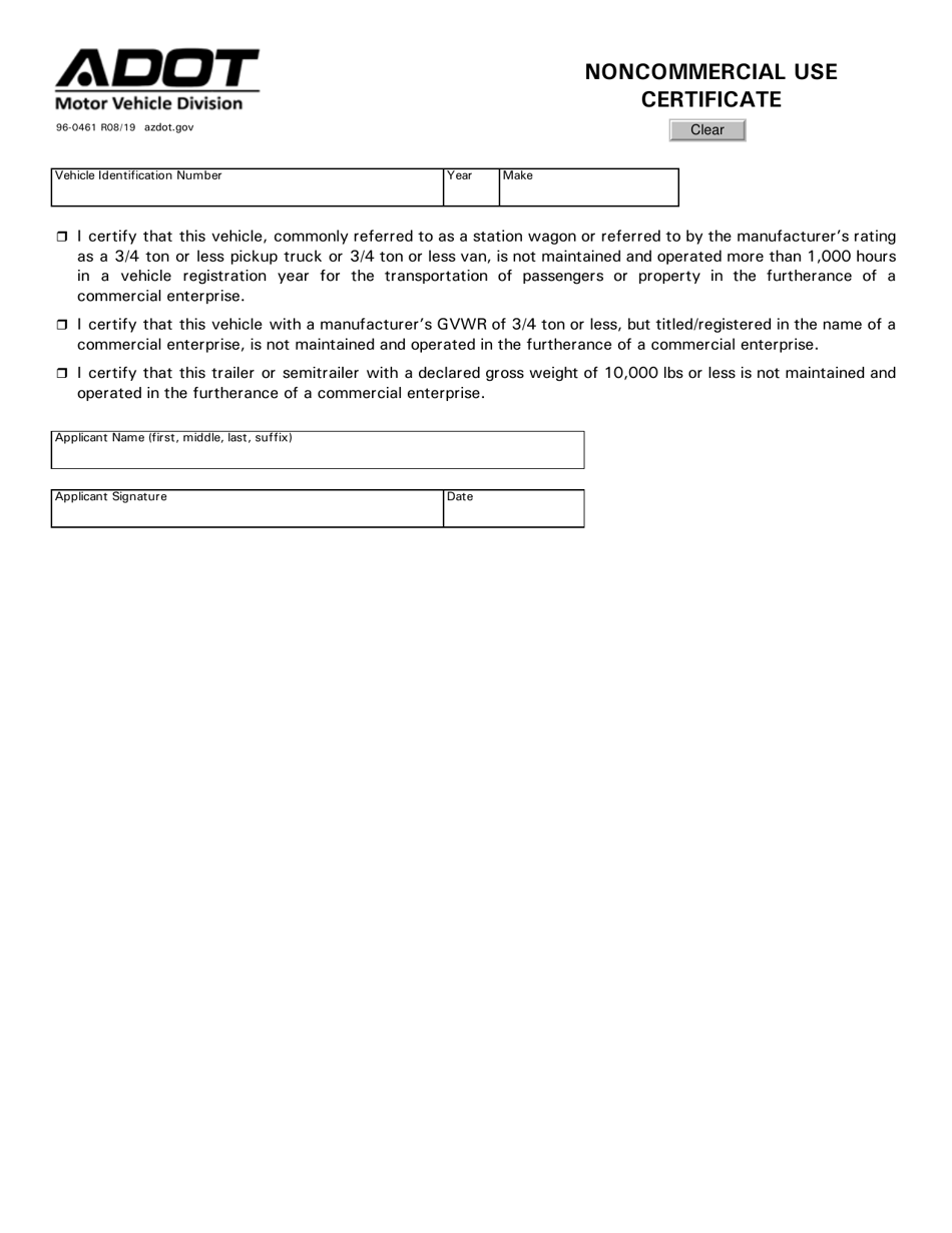 Form 96-0461 Noncommercial Use Certificate - Arizona, Page 1