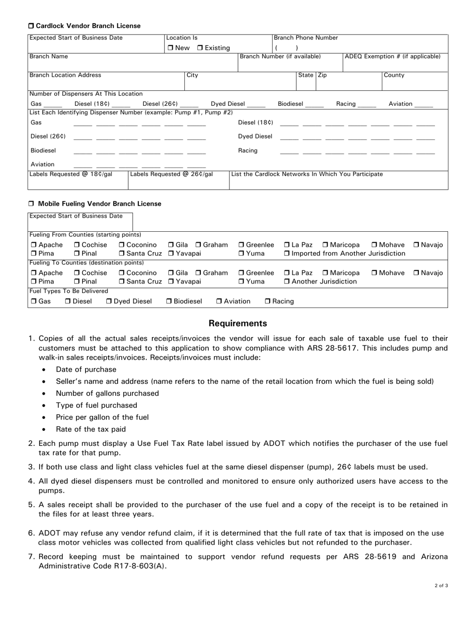 Form 96-0609D Motor Fuel Vendor Branch Supplement - Arizona, Page 2