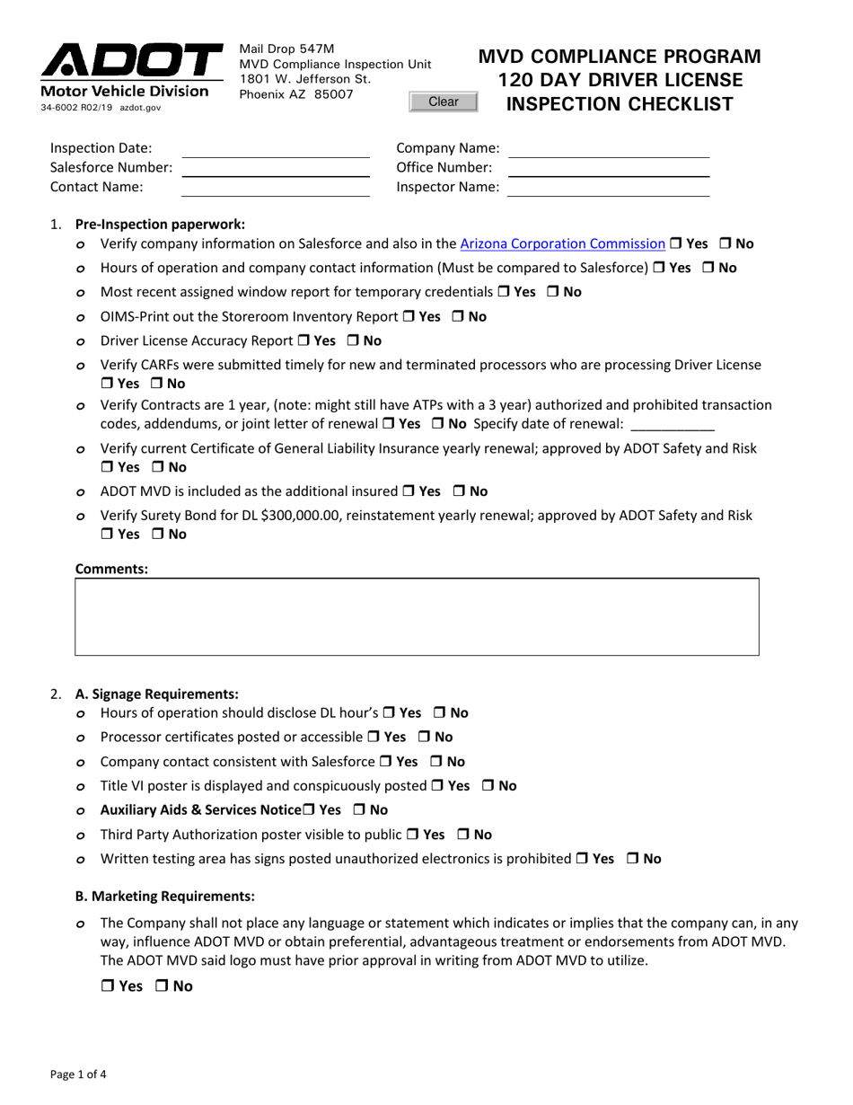 Form 34-6002 120 Day Driver License Inspection Checklist - Mvd Compliance Program - Arizona, Page 1