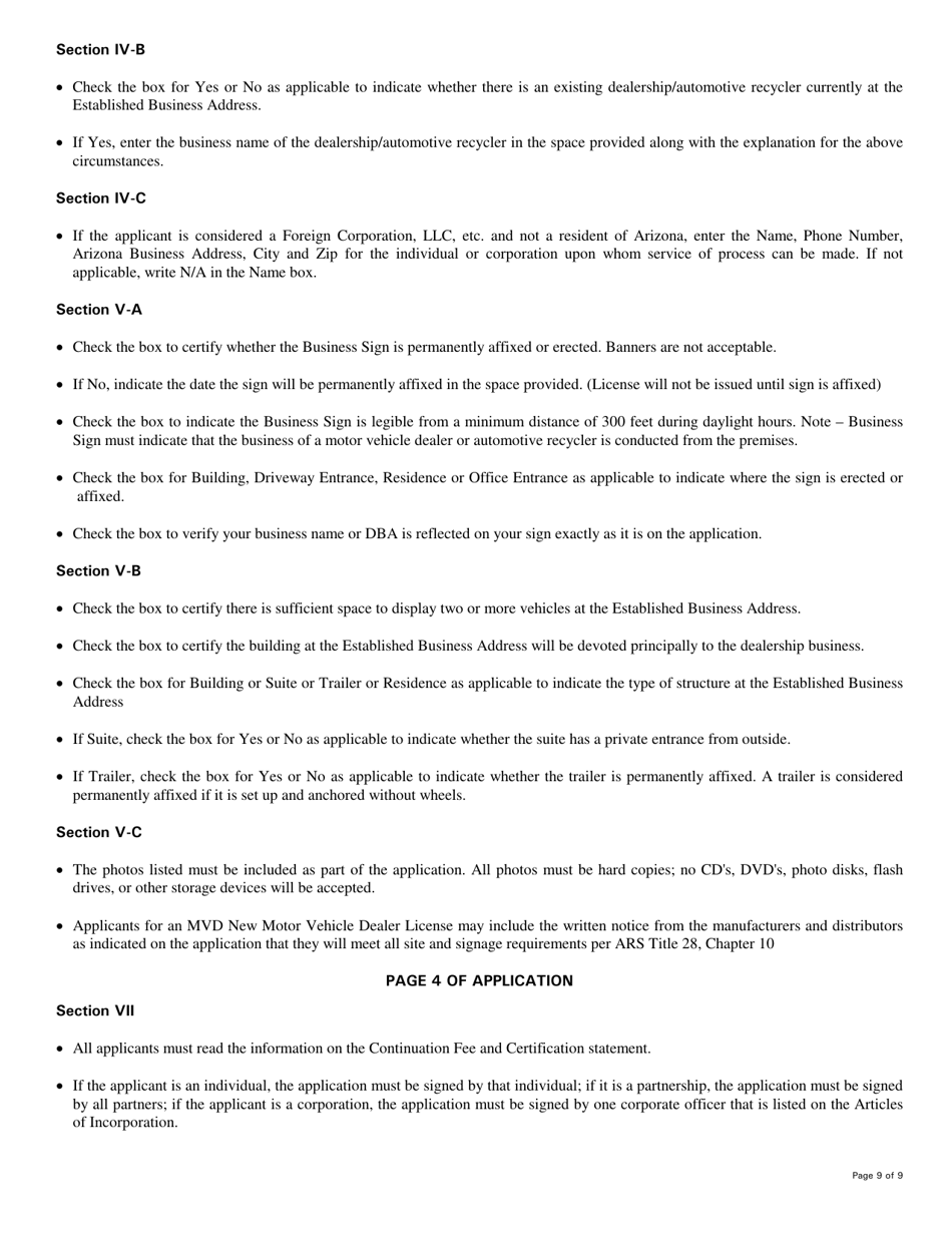 Instructions for Form 46-0408 Motor Vehicle Dealer Application - Arizona, Page 3