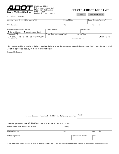 Form 40-1411 Officer Arrest Affidavit - Arizona
