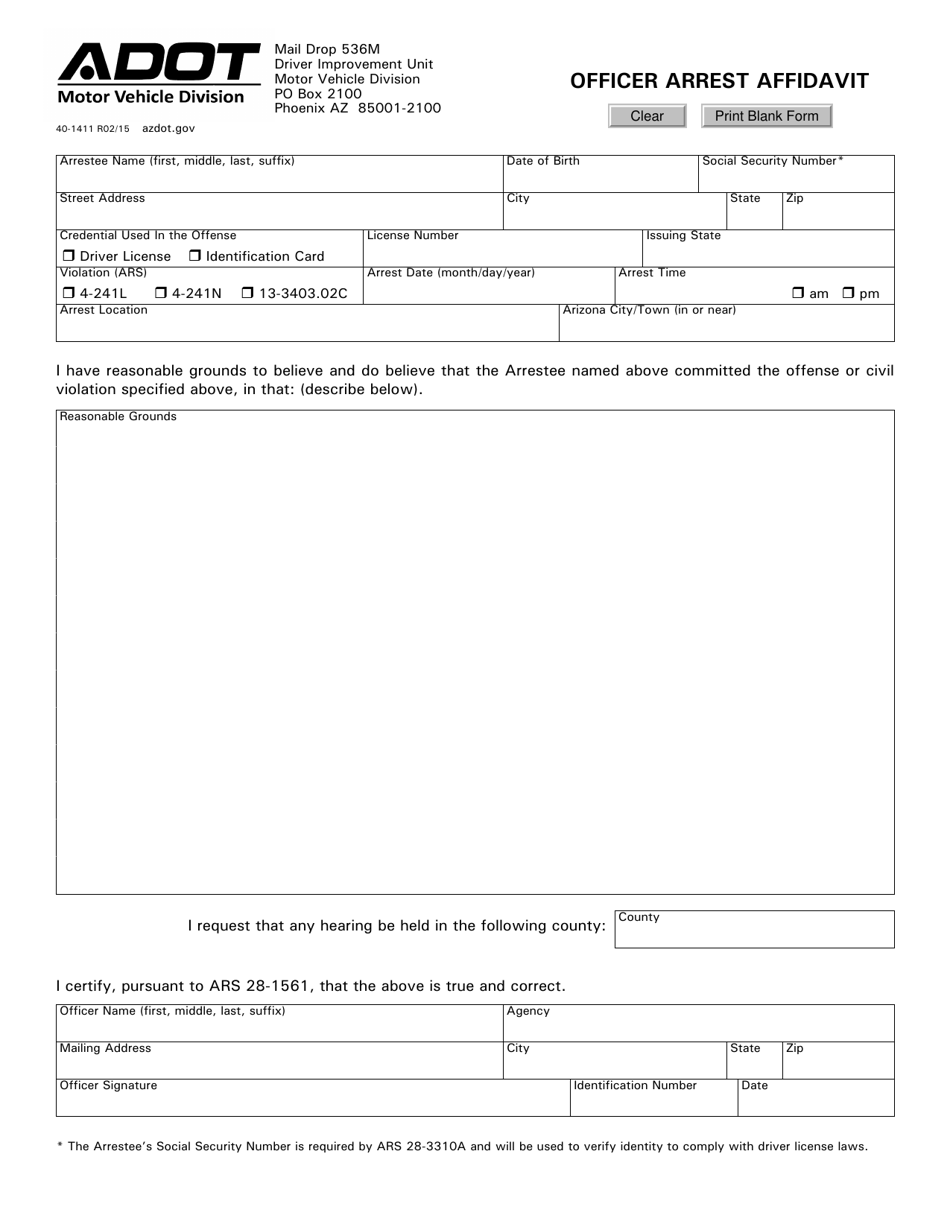 Form 40-1411 Officer Arrest Affidavit - Arizona, Page 1