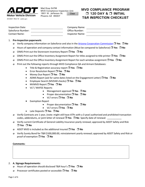 Form 34-6001 120 Day & Initial T&r Inspection Checklist - Mvd Compliance Program - Arizona