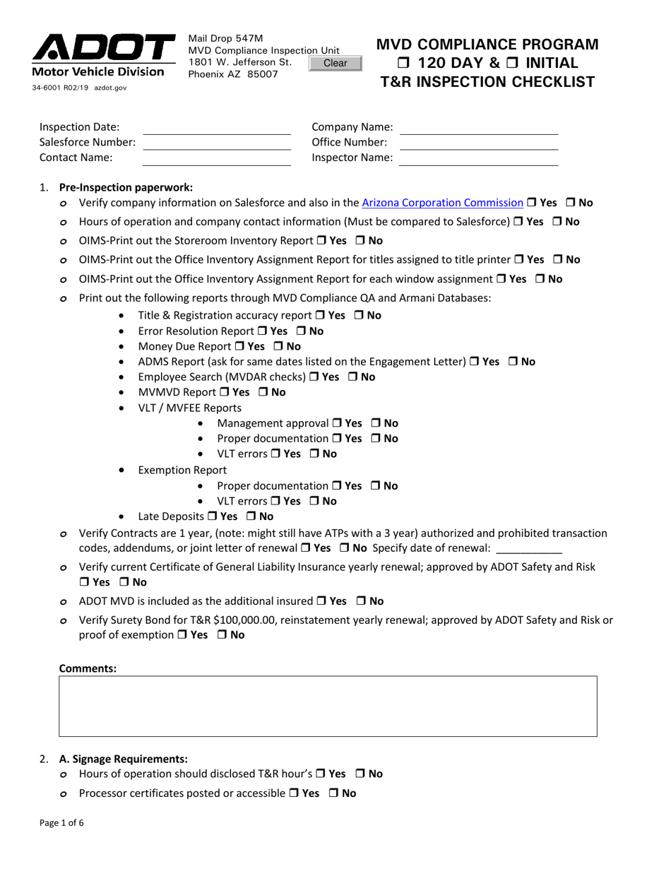 Form 34-6001 120 Day  Initial Tr Inspection Checklist - Mvd Compliance Program - Arizona, Page 1