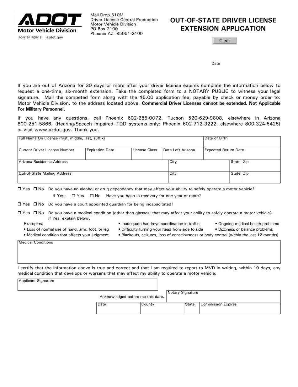 Form 40-5154 Out-of-State Driver License Extension Application - Arizona, Page 1