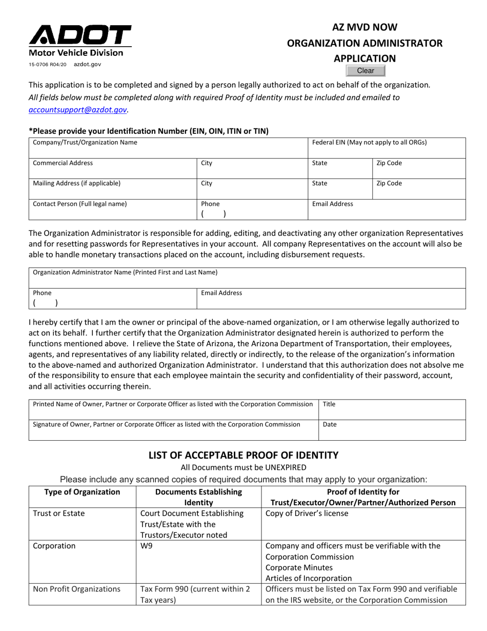 Form 15-0706 Organization Administrator Application - Arizona, Page 1