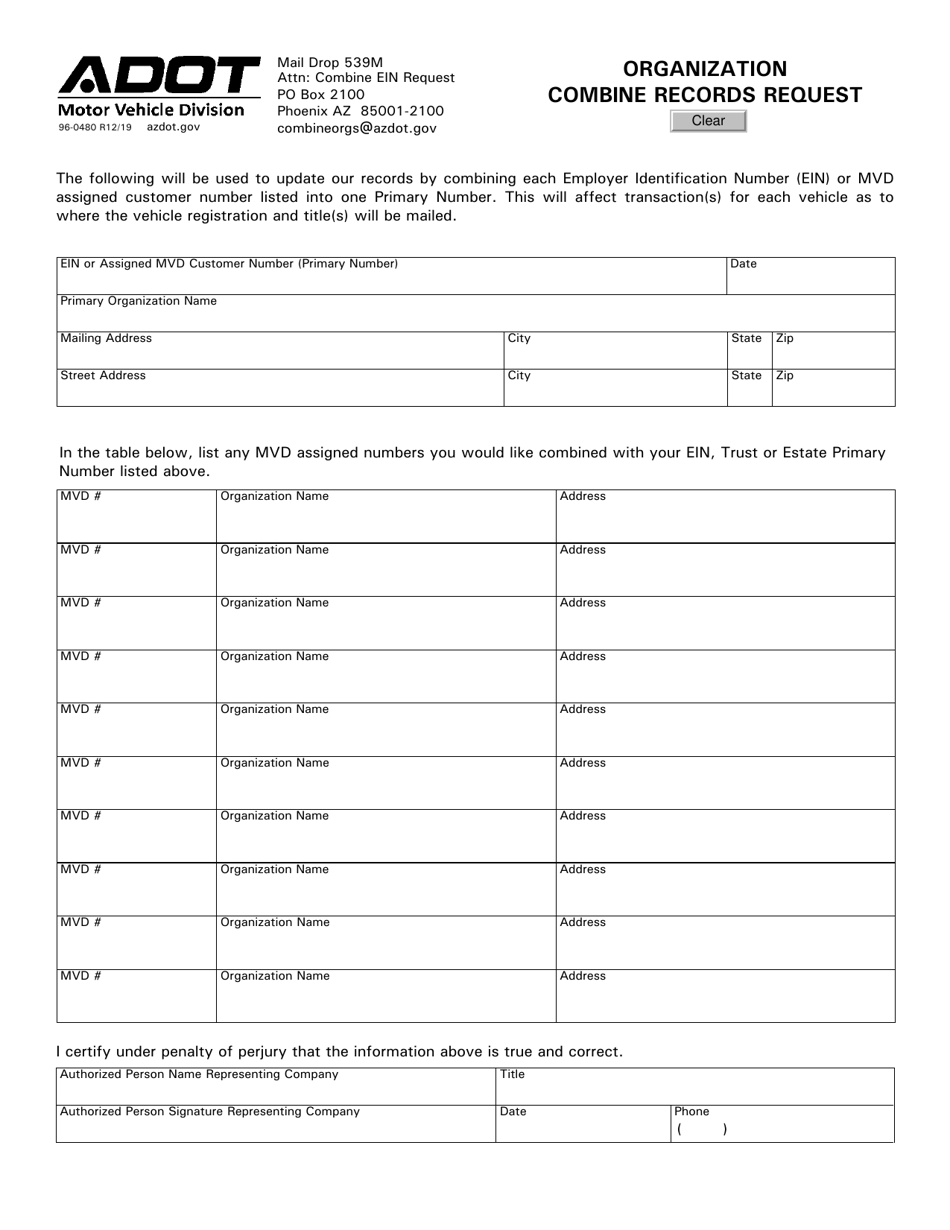 Form 96-0480 Organization Combine Records Request - Arizona, Page 1