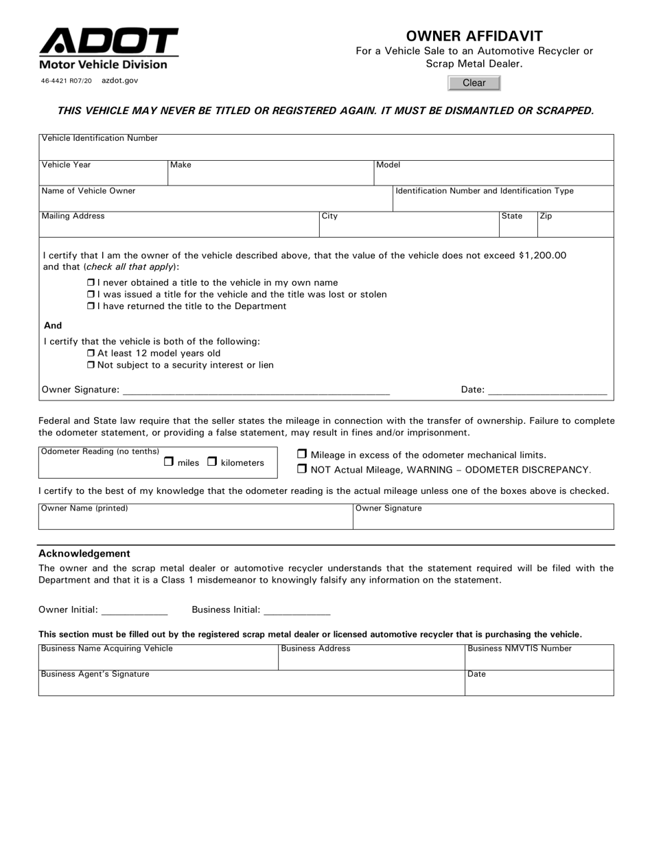 Form 46-4421 Owner Affidavit for a Vehicle Sale to an Automotive Recycler or Scrap Metal Dealer - Arizona, Page 1