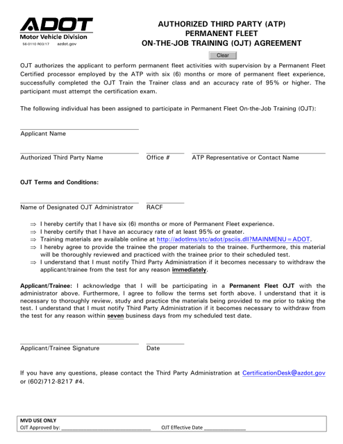 Form 56-0110 Authorized Third Party (ATP) Permanent Fleet on-The-Job Training (Ojt) Agreement - Arizona