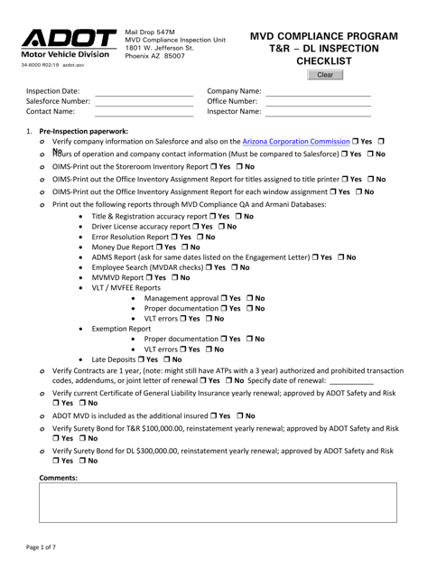 Form 34-6000 T&r - Dl Inspection Checklist - Mvd Compliance Program - Arizona
