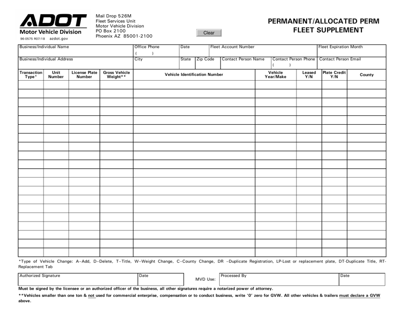 Form 96-0575 Permanent/Allocated Perm Fleet Supplement - Arizona