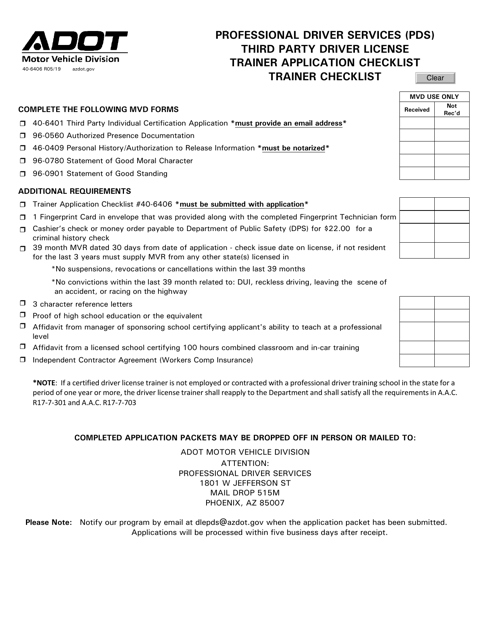 Form 40-6406 Professional Driver Services (Pds) Third Party Driver License Trainer Application Checklist - Arizona