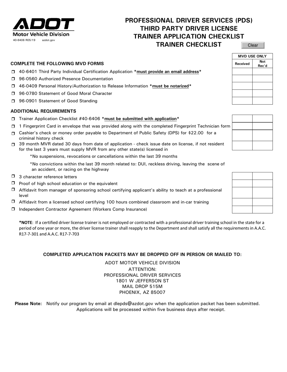Form 40-6406 Professional Driver Services (Pds) Third Party Driver License Trainer Application Checklist - Arizona, Page 1