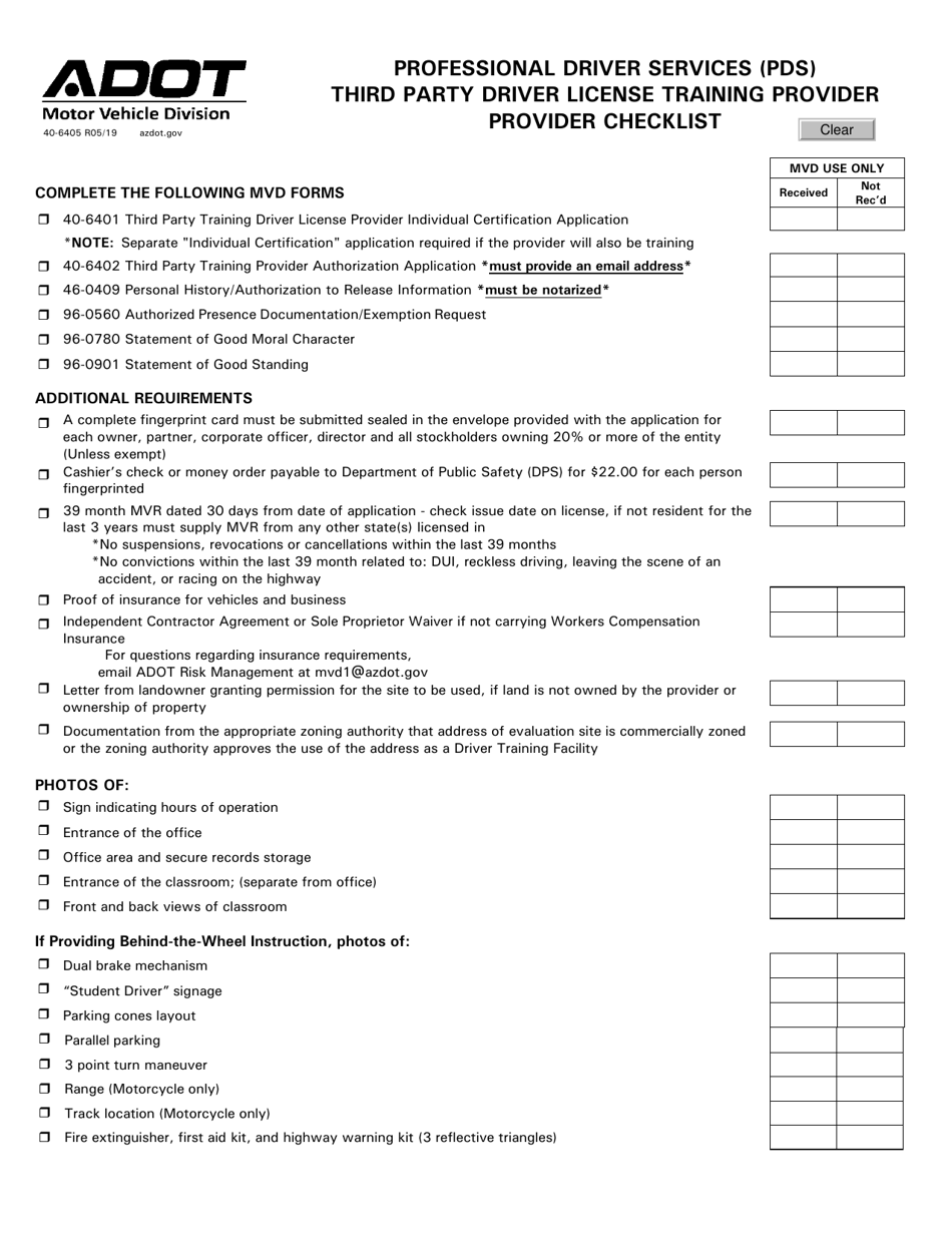 Form 40-6405 Professional Driver Services (Pds) Third Party Driver License Training Provider Checklist - Arizona, Page 1