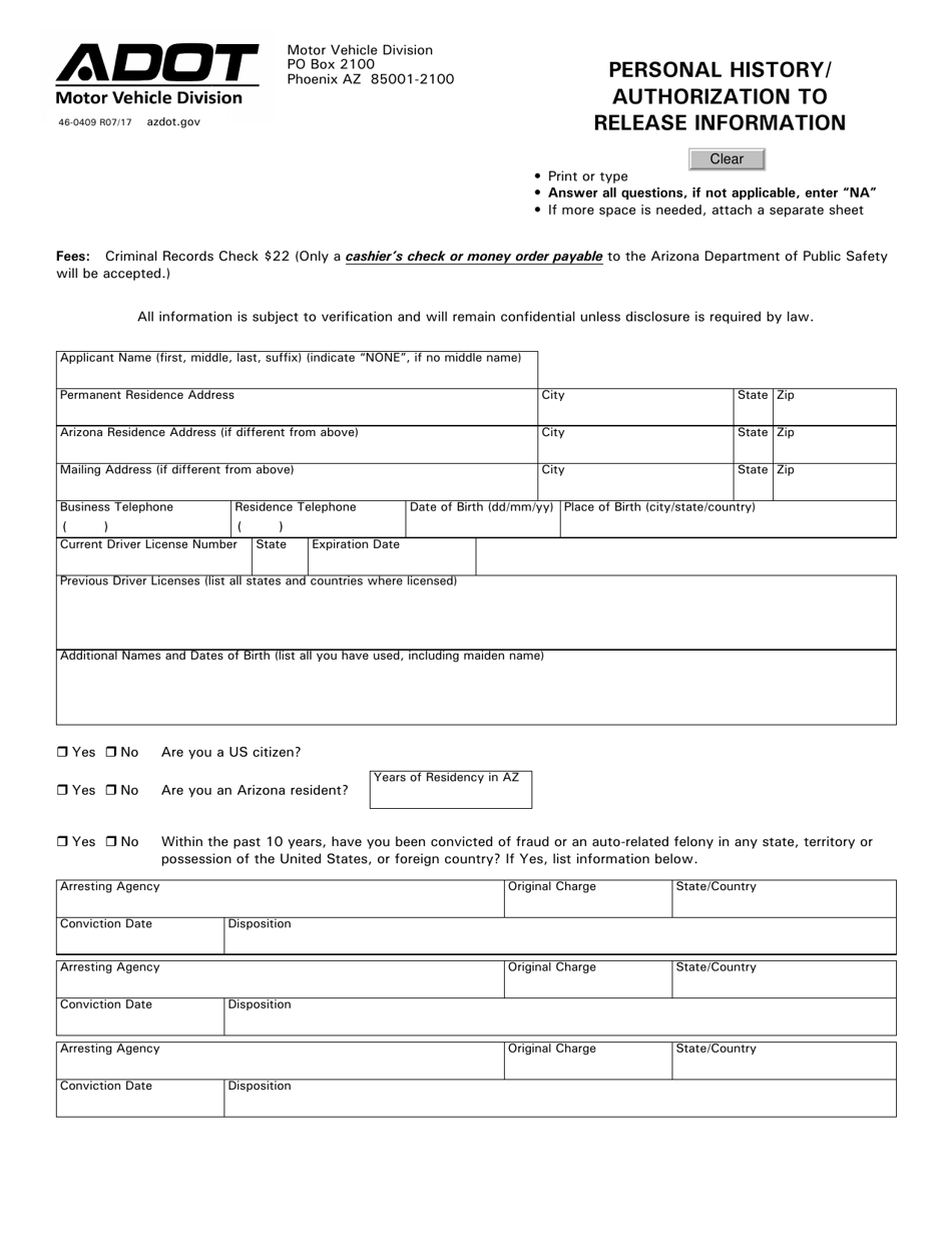 Form 46-0409 Personal History / Authorization to Release Information - Arizona, Page 1