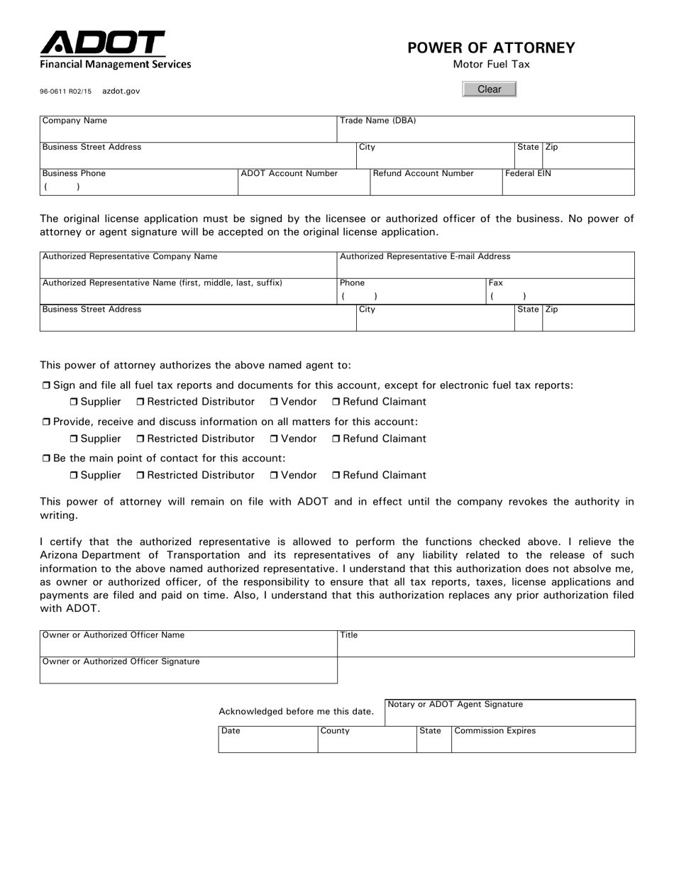Form 96-0611 Power of Attorney - Motor Fuel Tax - Arizona, Page 1