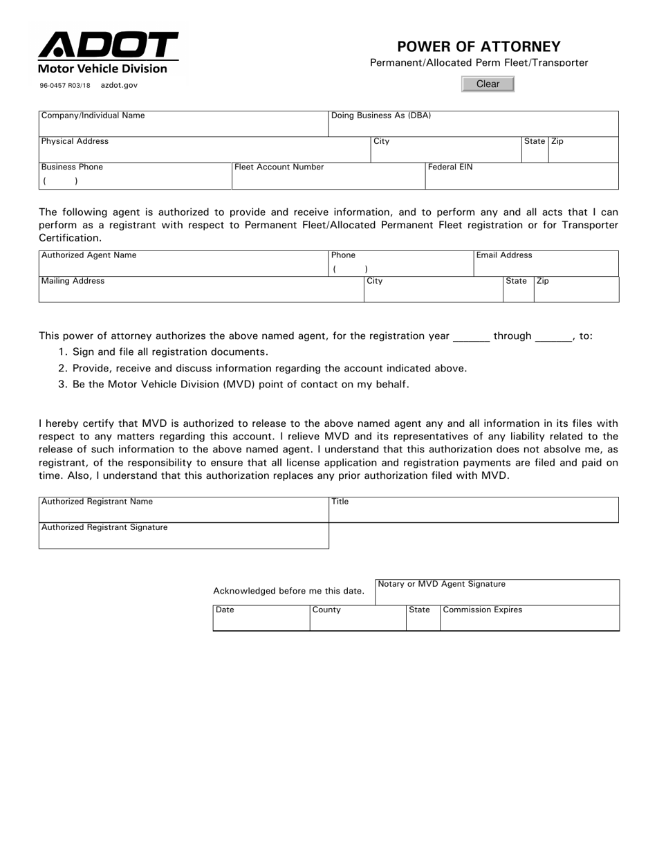 Form 96-0457 Power of Attorney - Permanent / Allocated Perm Fleet / Transporter - Arizona, Page 1