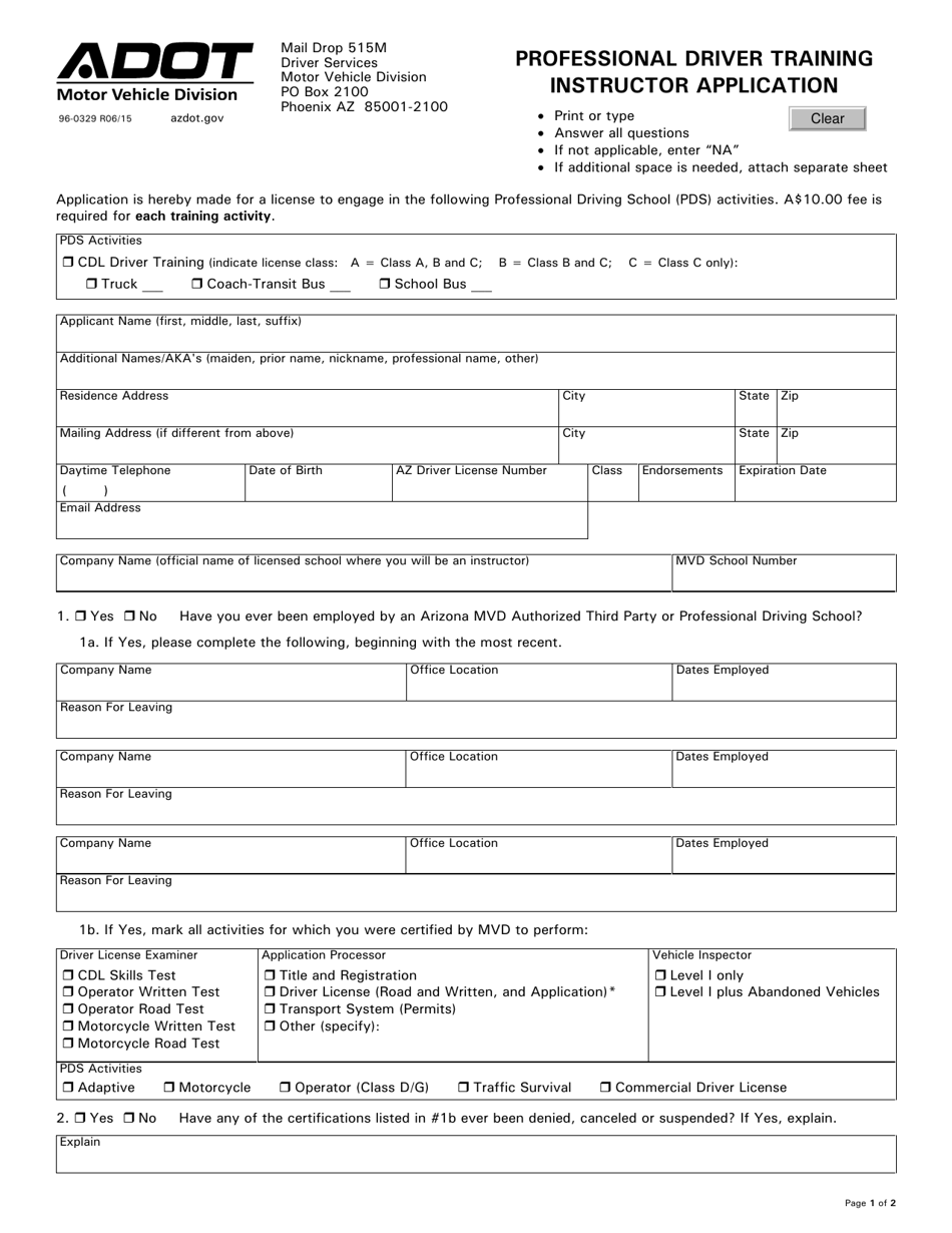 Form 96-0329 Professional Driver Training Instructor Application - Arizona, Page 1