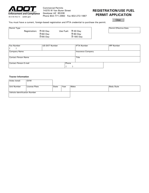 Form 96-0185 Registration/Use Fuel Permit Application - Arizona