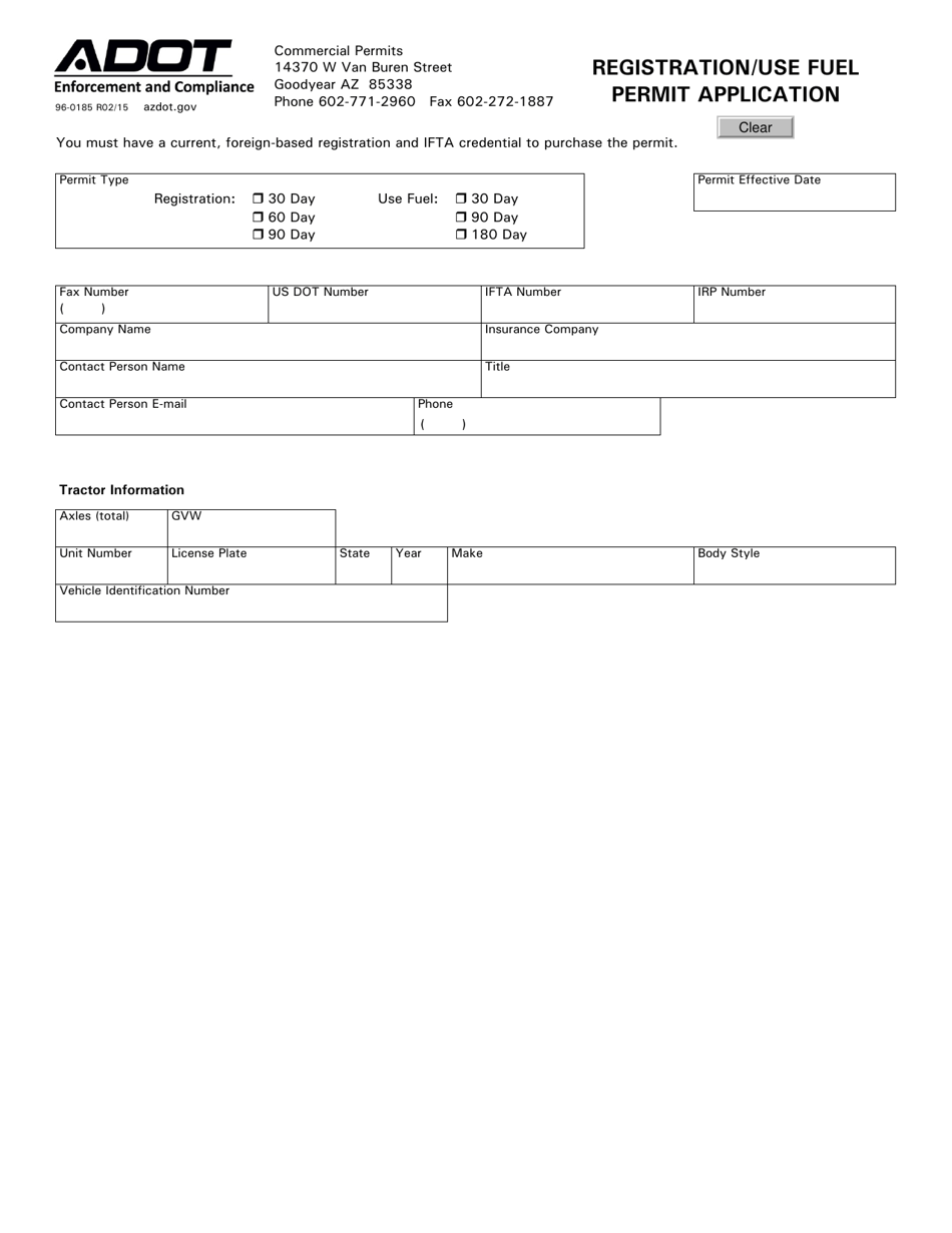 Form 96-0185 Registration / Use Fuel Permit Application - Arizona, Page 1