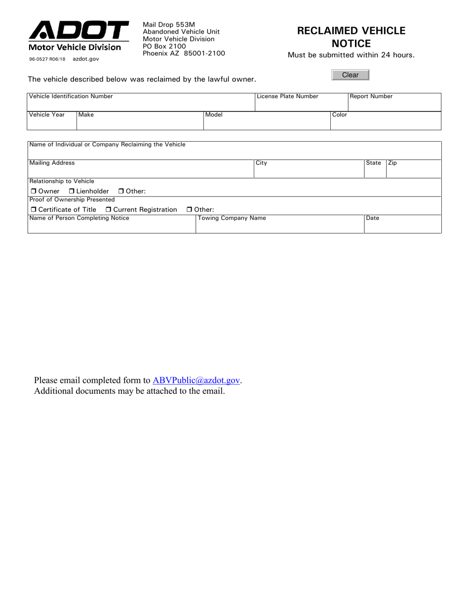 Form 96-0527 Reclaimed Vehicle Notice - Arizona, Page 1