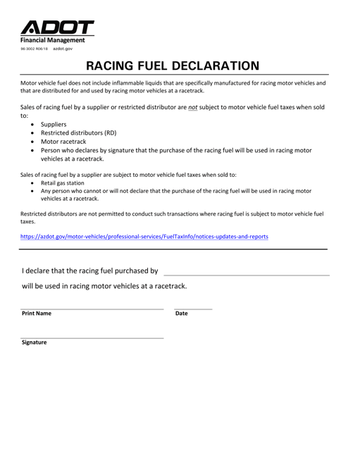 Form 96-3002 Racing Fuel Declaration - Arizona