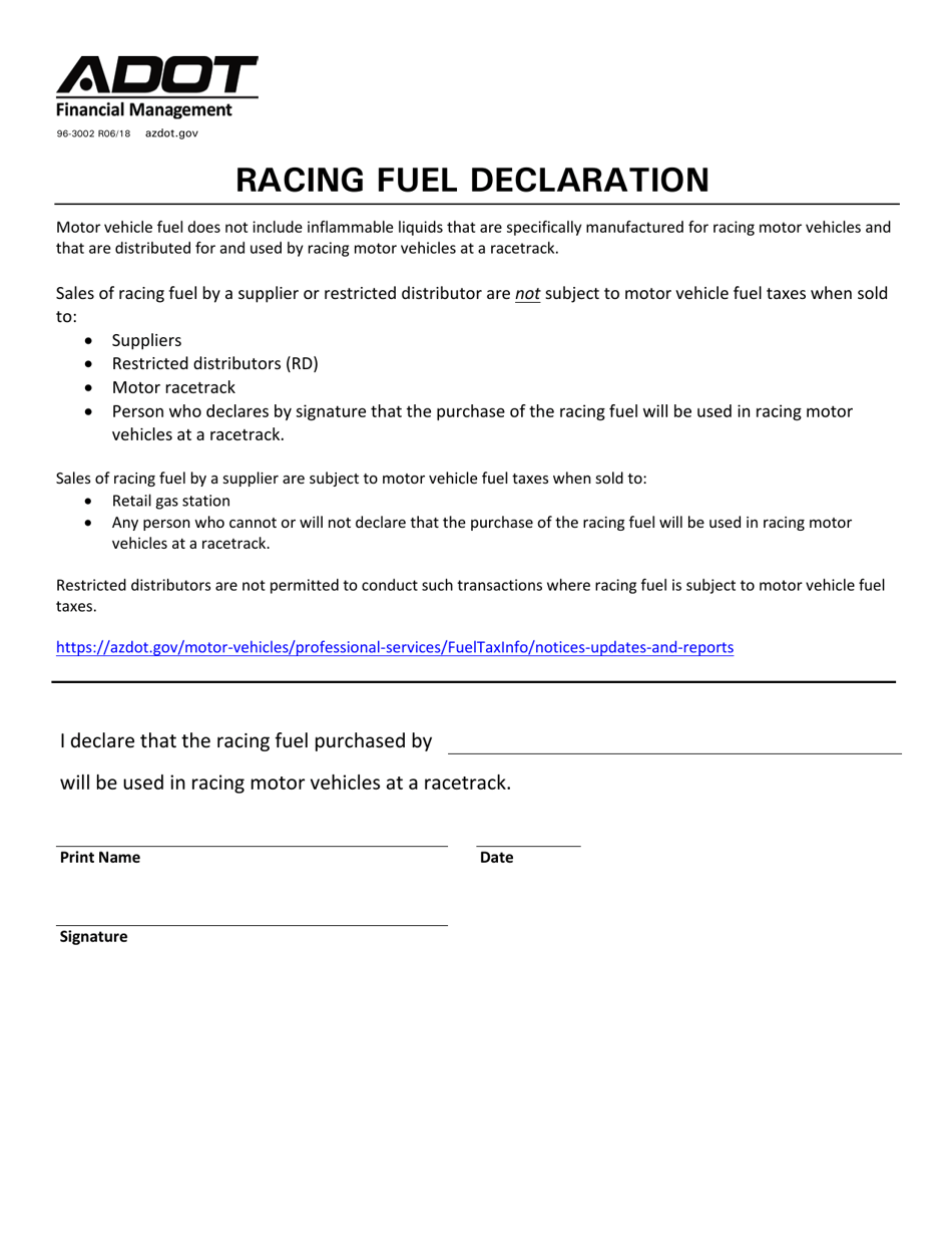 Form 96-3002 Racing Fuel Declaration - Arizona, Page 1